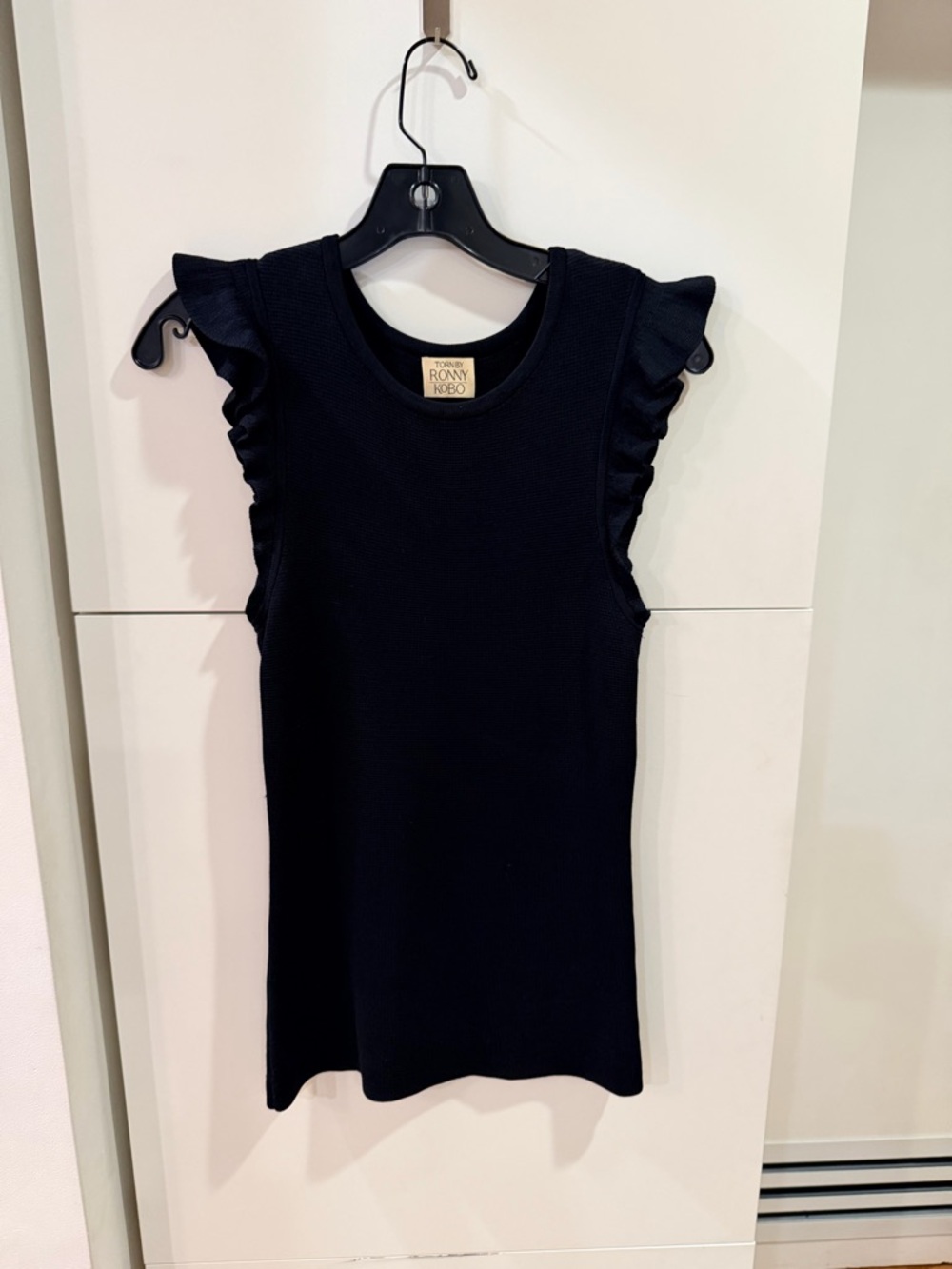 Ronny Kobo Knit Mini Dress Size Medium – Black, Ruffle Sleeve, Fitted